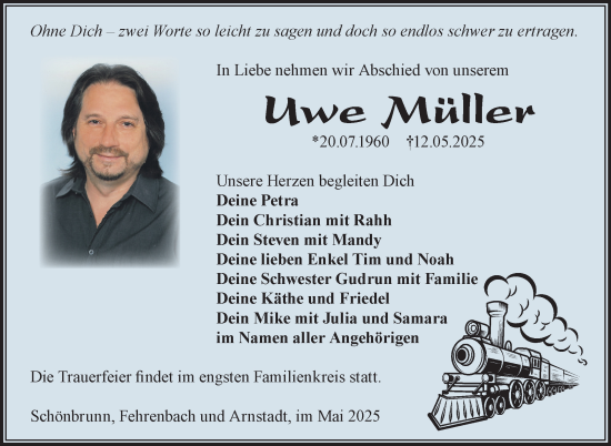 Traueranzeige von Uwe Müller von Südthüringer Presse
