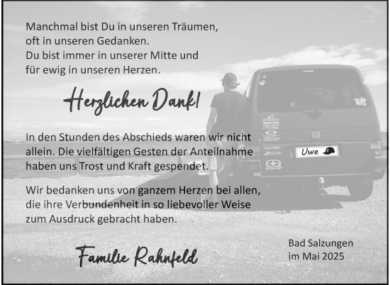 Traueranzeige von Uwe Rahnfeld von Südthüringer Presse