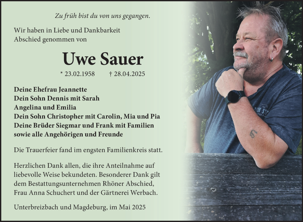  Traueranzeige für Uwe Sauer vom 24.05.2025 aus Südthüringer Presse