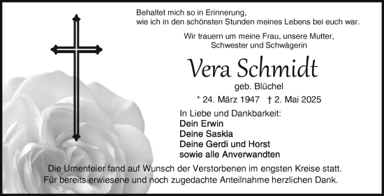 Traueranzeige von Vera Schmidt von Frankenpost