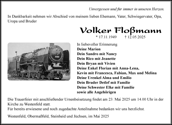 Traueranzeige von Volker Floßmann von Südthüringer Presse