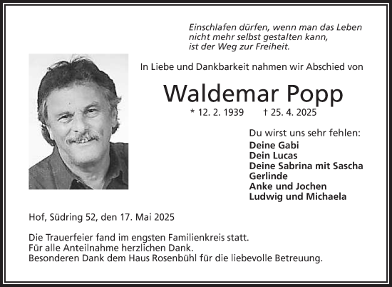 Traueranzeige von Waldemar Popp von Frankenpost