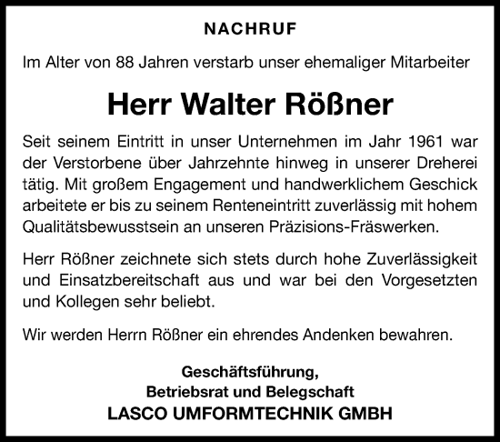 Traueranzeige von Walter Rößner von Neue Presse Coburg
