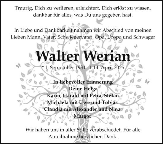 Traueranzeige von Walter Werian von Frankenpost
