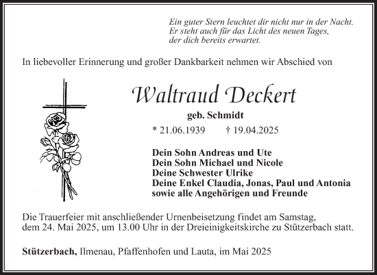 Traueranzeige von Waltraud Deckert von Südthüringer Presse