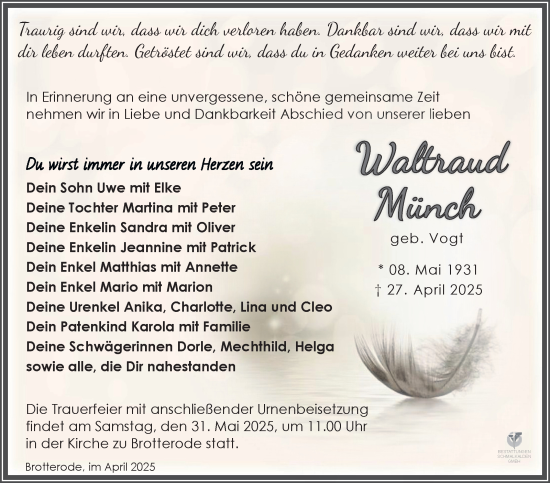 Traueranzeige von Waltraud Münch von Südthüringer Presse