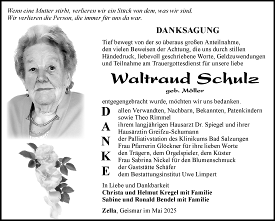 Traueranzeige von Waltraud Schulz von Südthüringer Presse