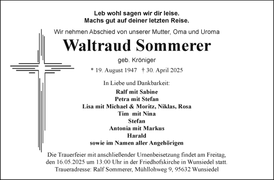 Traueranzeige von Waltraud Sommerer von Frankenpost