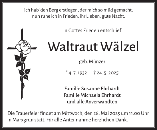 Traueranzeige von Waltraut Wälzel von Frankenpost