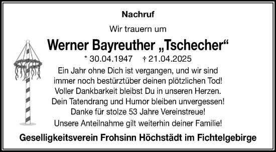Traueranzeige von Werner Bayreuther von Frankenpost
