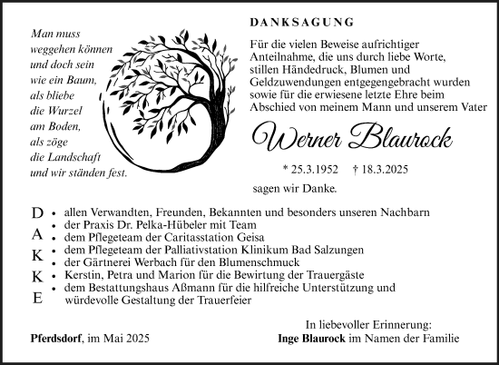 Traueranzeige von Werner Blaurock von Südthüringer Presse