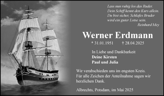 Traueranzeige von Werner Erdmann von Südthüringer Presse