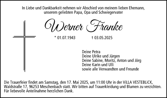 Traueranzeige von Werner Franke von Neue Presse Coburg