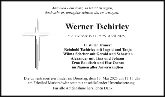Traueranzeige von Werner Tschirley von Frankenpost