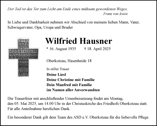 Traueranzeige von Wilfried Hausner von Frankenpost