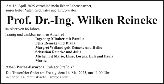 Traueranzeige von Wilken Reineke von Südthüringer Presse
