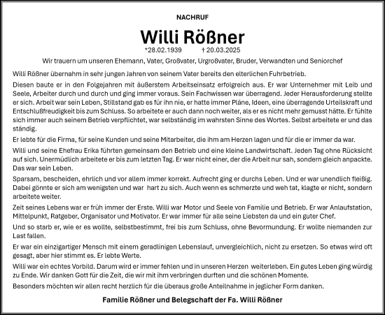 Traueranzeige von Willi Rößner von Neue Presse Coburg