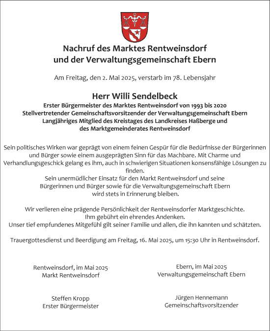 Traueranzeige von Willi Sendelbeck von Neue Presse Coburg