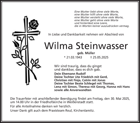 Traueranzeige von Wilma Steinwasser von Frankenpost
