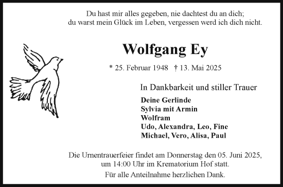 Traueranzeige von Wolfgang Ey von Frankenpost