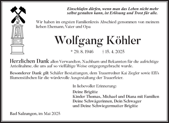 Traueranzeige von Wolfgang Köhler von Südthüringer Presse