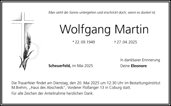 Traueranzeige von Wolfgang Martin von Neue Presse Coburg