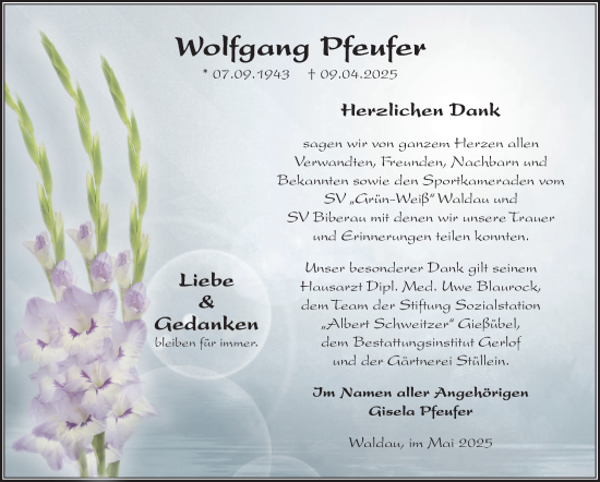 Traueranzeige von Wolfgang Pfeufer von Südthüringer Presse