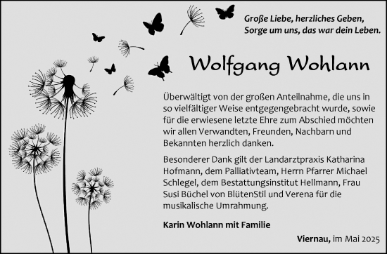 Traueranzeige von Wolfgang Wohlann von Südthüringer Presse