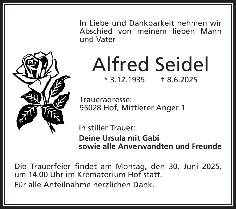  Traueranzeige für Alfred Seidel vom 28.06.2025 aus Frankenpost