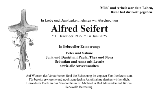 Traueranzeige von Alfred Seifert von Frankenpost