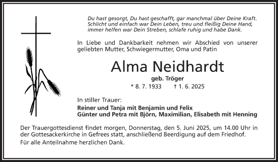 Traueranzeige von Alma Neidhardt von Frankenpost