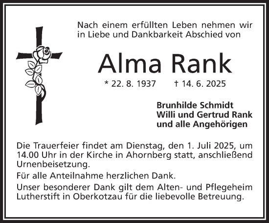 Traueranzeige von Alma Rank von Frankenpost