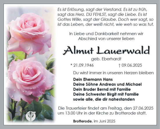 Traueranzeige von Almut Lauerwald von Südthüringer Presse