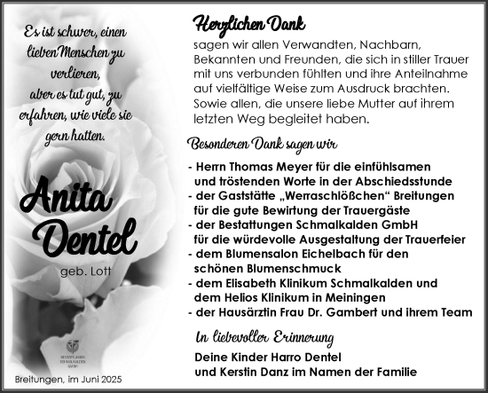 Traueranzeige von Anita Dentel von Südthüringer Presse