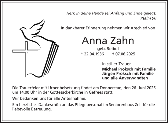 Traueranzeige von Anna Zahn von Frankenpost