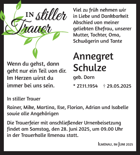 Traueranzeige von Annegret Schulze von Südthüringer Presse