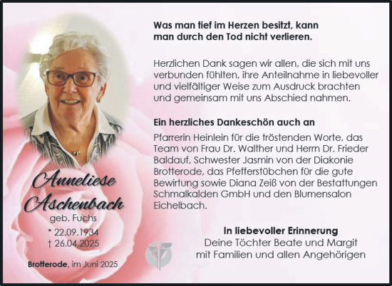 Traueranzeige von Anneliese Aschenbach von Südthüringer Presse
