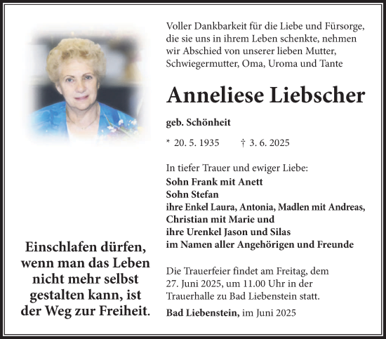 Traueranzeige von Anneliese Liebscher von Südthüringer Presse