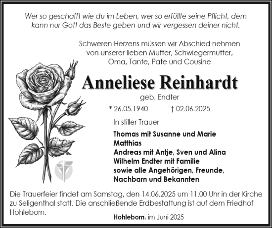 Traueranzeige von Anneliese Reinhardt von Südthüringer Presse