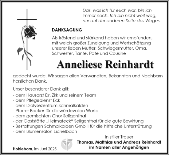 Traueranzeige von Anneliese Reinhardt von Südthüringer Presse