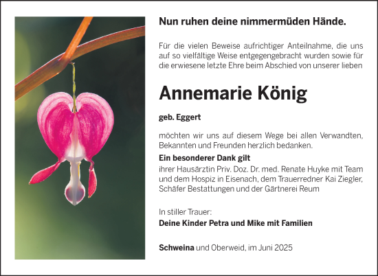 Traueranzeige von Annemarie König von Südthüringer Presse
