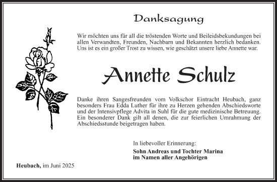 Traueranzeige von Annette Schulz von Südthüringer Presse