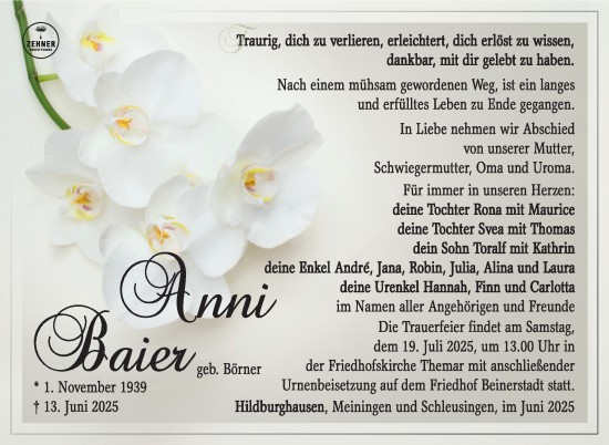 Traueranzeige von Anni Baier von Südthüringer Presse
