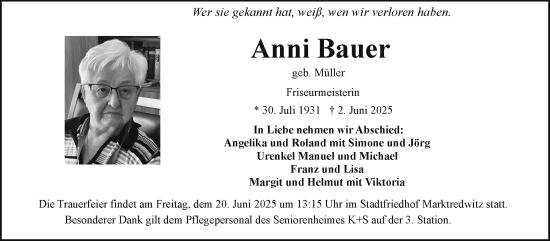 Traueranzeige von Anni Bauer von Frankenpost