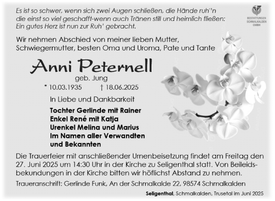 Traueranzeige von Anni Peternell von Südthüringer Presse