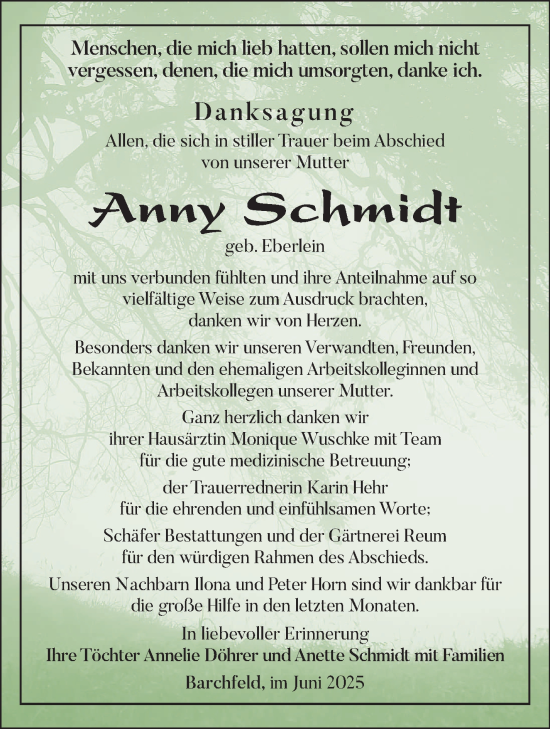 Traueranzeige von Anny Schmidt von Südthüringer Presse
