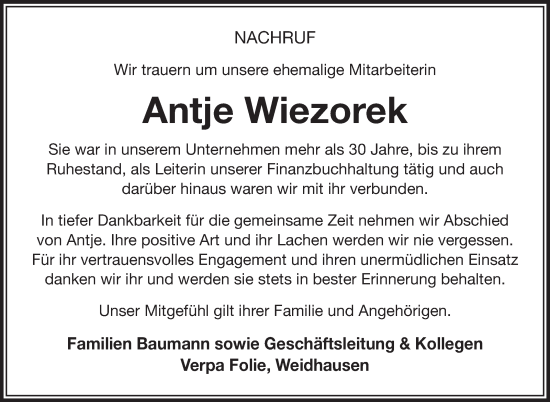 Traueranzeige von Antje Wiezorek von Neue Presse Coburg