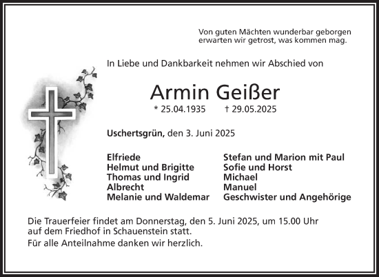 Traueranzeige von Armin Geißer von Frankenpost