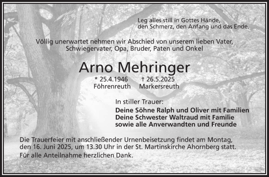 Traueranzeige von Arno Mehringer von Frankenpost