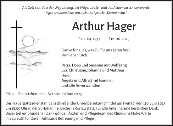 Traueranzeige von Arthur Hager von Frankenpost